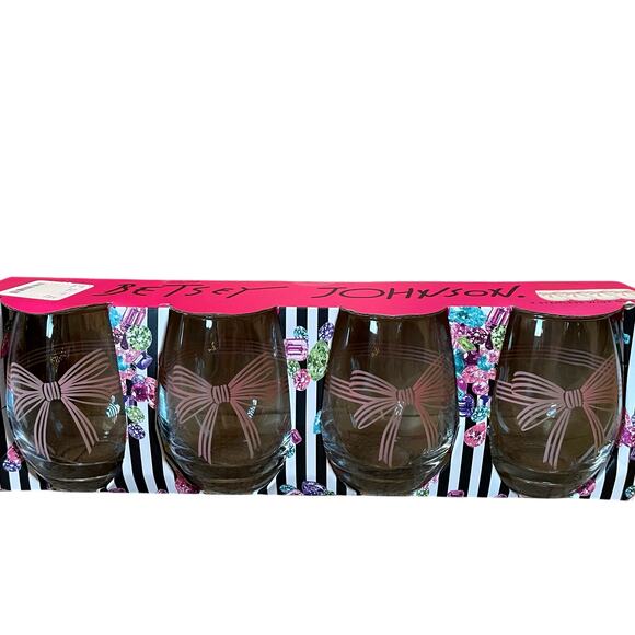 Betsey Johnson Pink Bow Stemless Wine Glasses Set of 4 Valentine's Day New - Picture 15 of 16